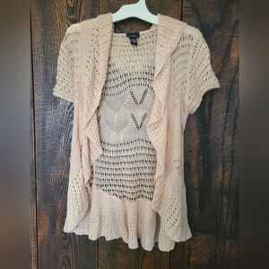 Y2k Rue21 Short Sleeve Crochet Cardigan Sweater, Women’s Clothes Beige Medium